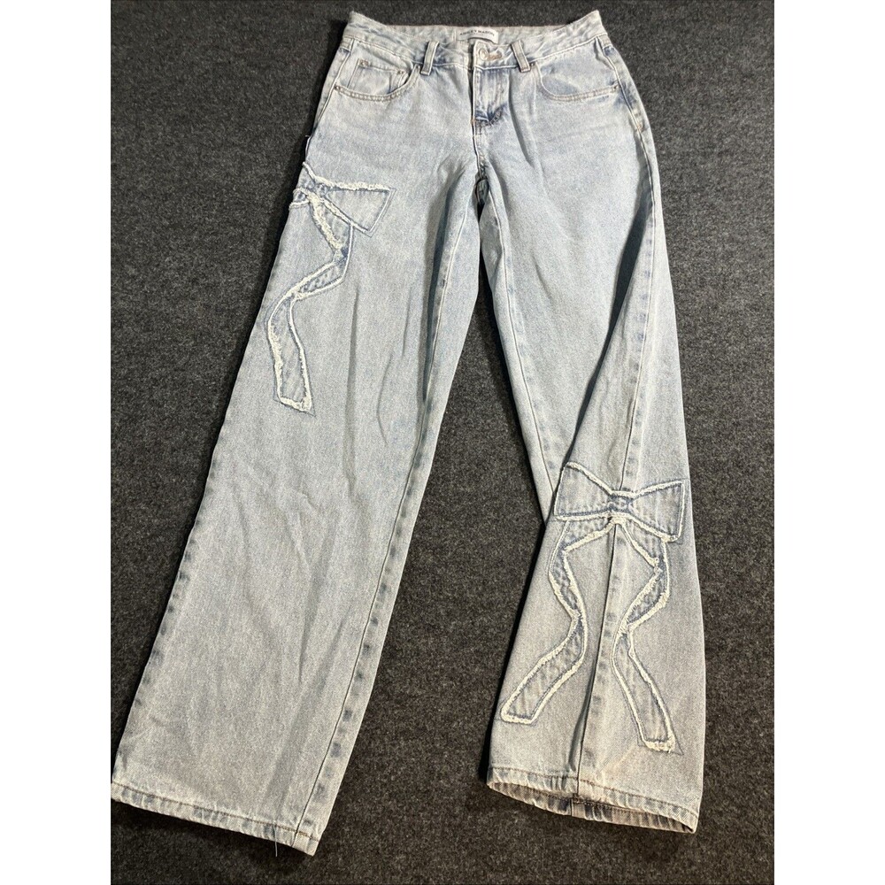 Ashley Mason Premium Womens Jeans Size 1/25 Bow Statement Patchwork Wide Leg